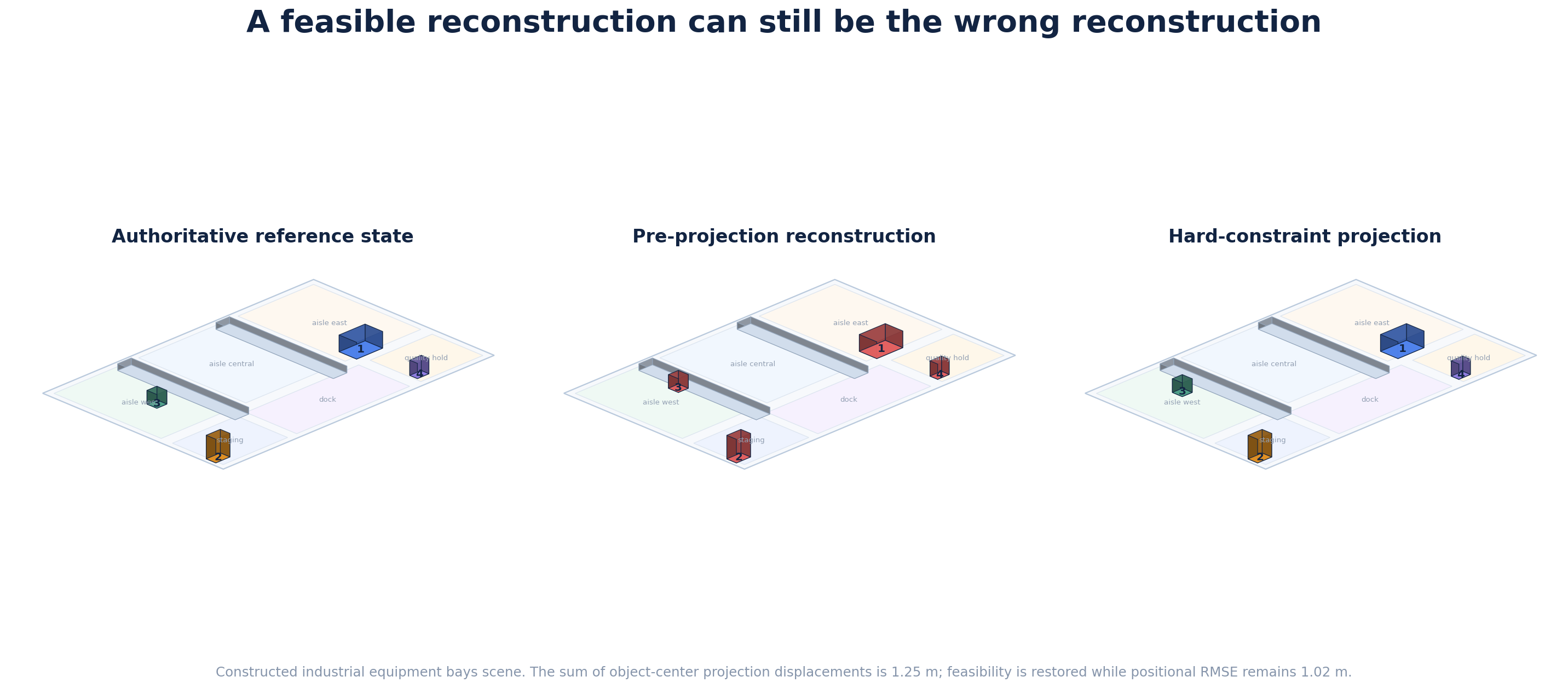 Spatial plate B. Hard physical constraint projection restores feasibility without proving correctness.